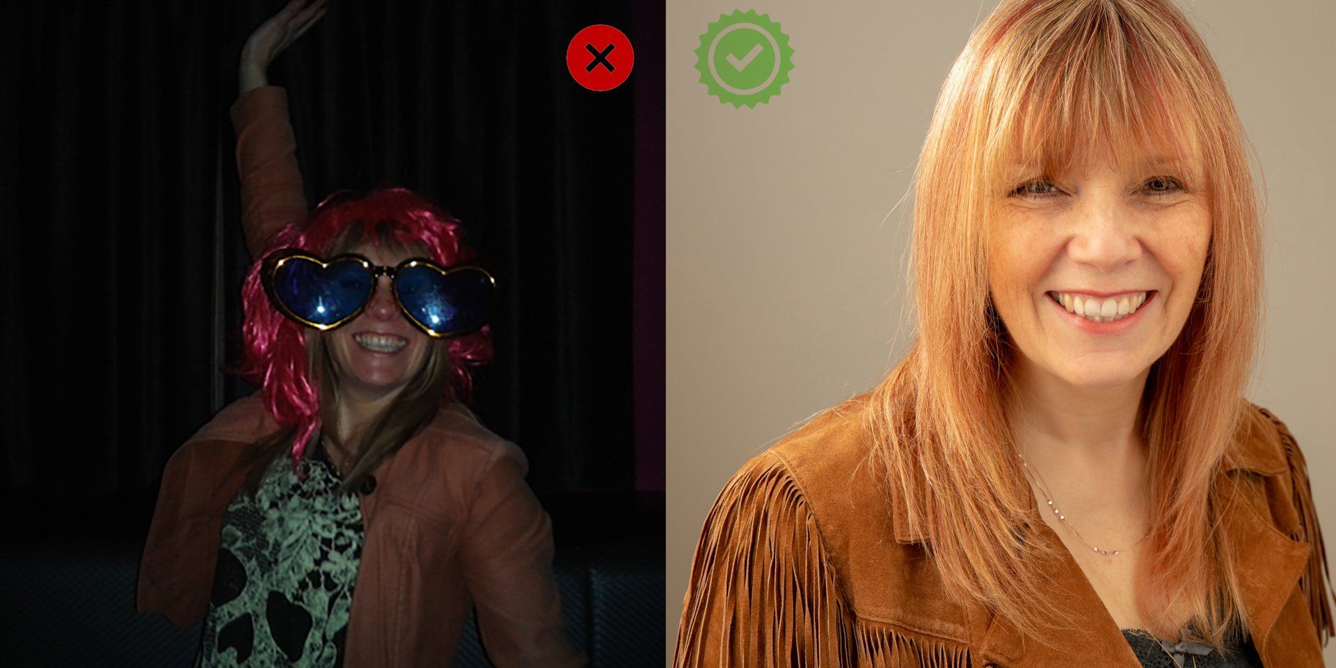 A woman wearing a red wig and sunglasses is standing next to a woman wearing a brown jacket.