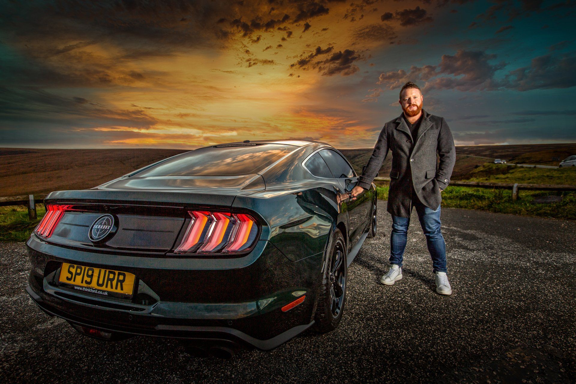 Car photographer of owner beside Mustang Bullitt 2020  at sunset on Marston Moor, Huddersfield