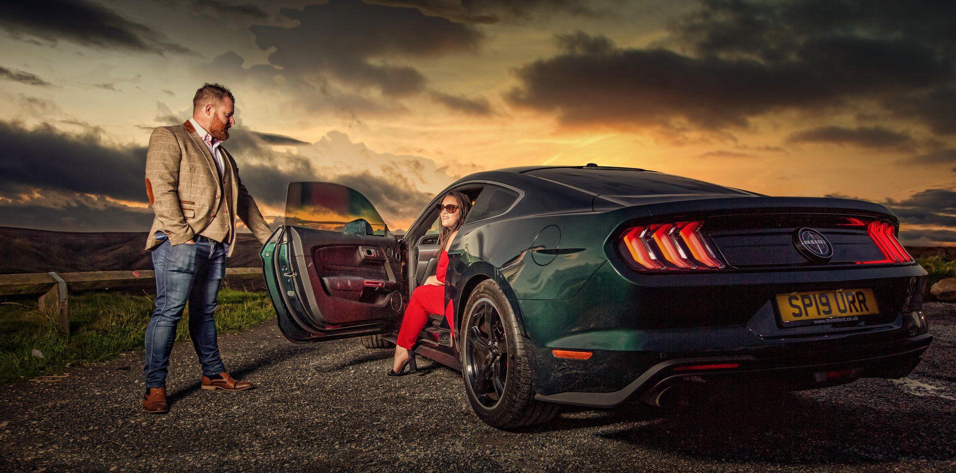 On location photoshoot of couple with Mustang Bullitt 2020 at sunset on Marston Moor, Huddersfield