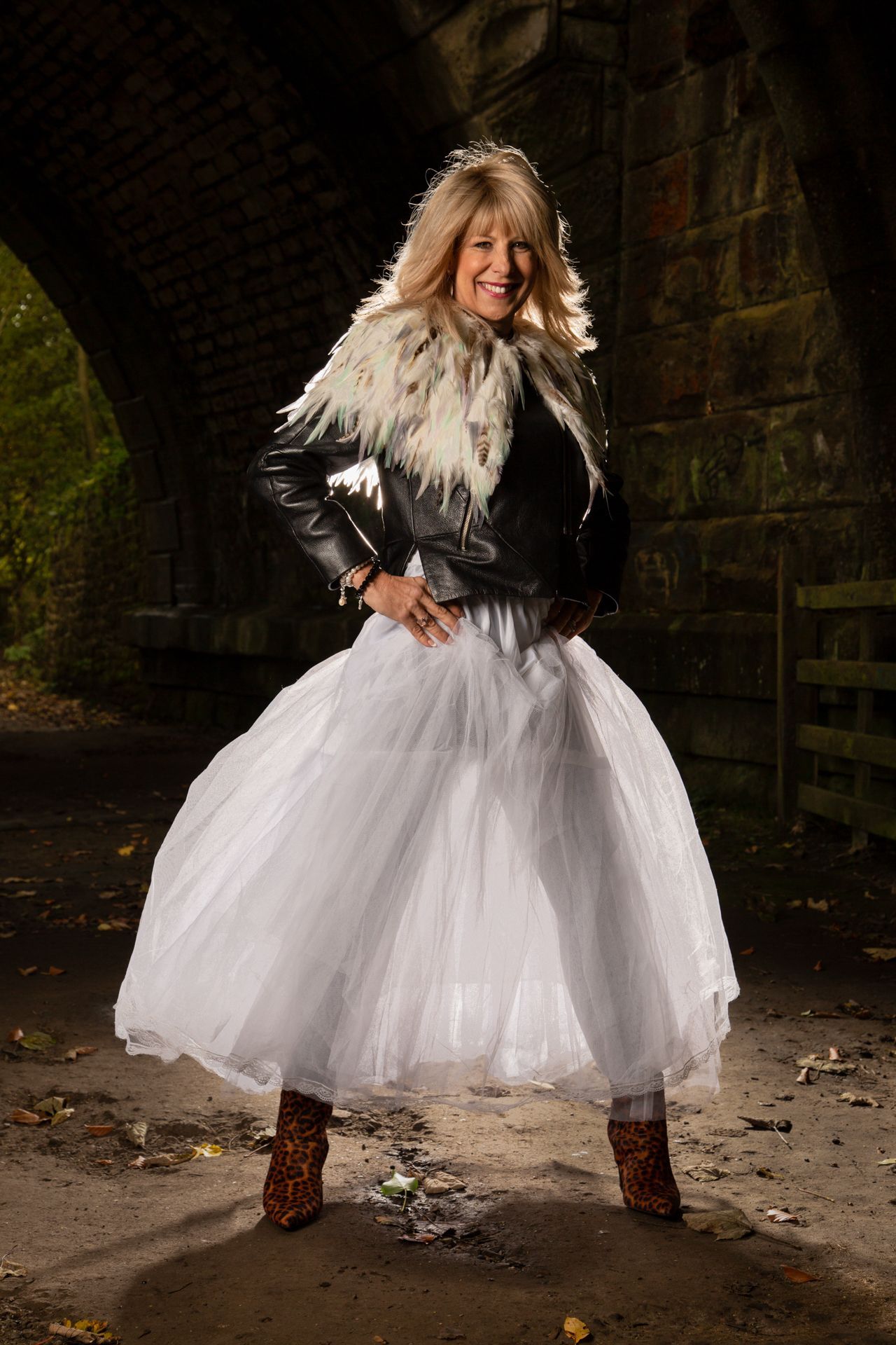 Mandy Taylor MBE wearing feathers, tulle and leather for legacy shoot at Golcar.
