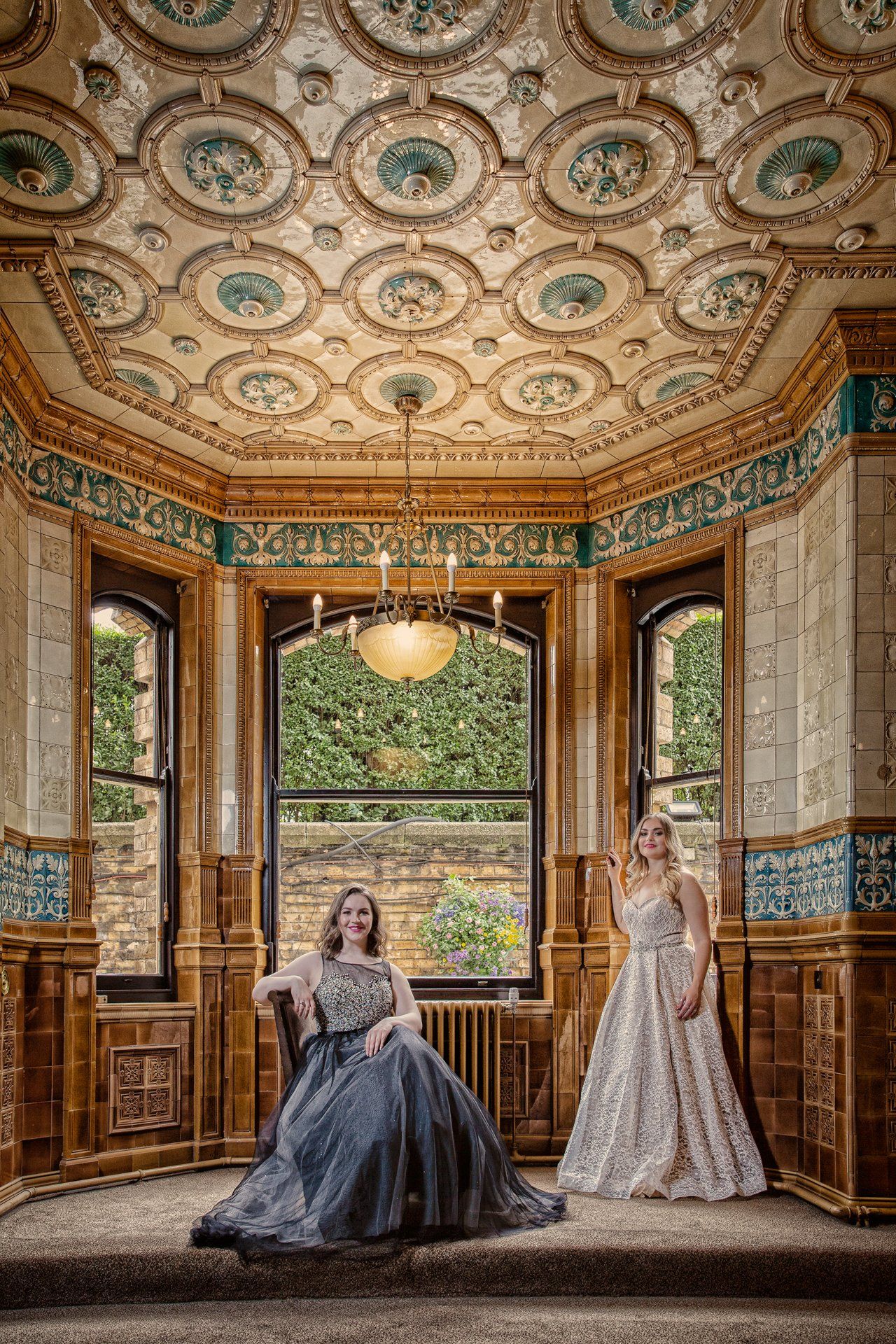 Classic prom dress photography for sisters in the Tile room at The Principal Hotel, York