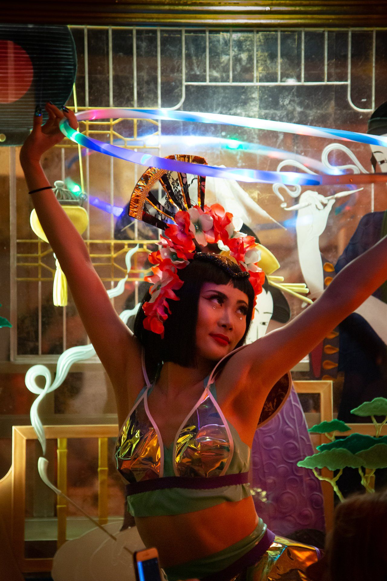 Dancers wearing oriental costumes at The Ivy Spinningfields, Manchester