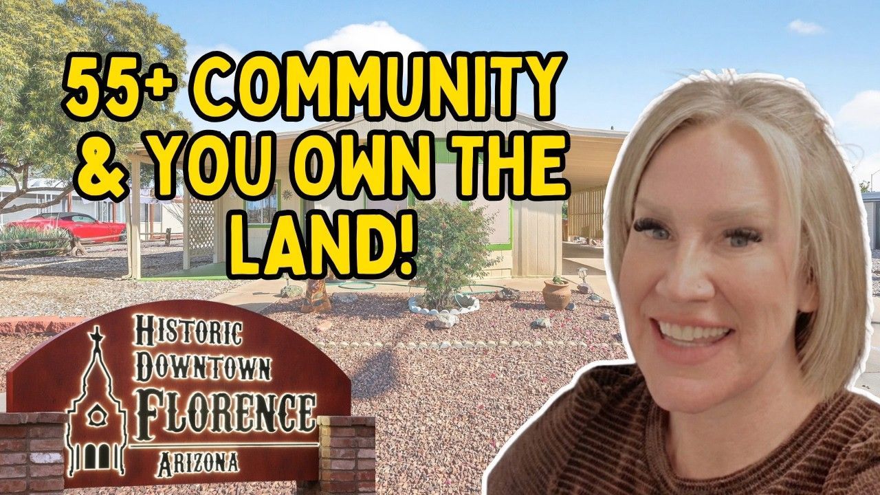 A woman smiles in front of a Historic Downtown Florence, Arizona sign with text about a 55+ community and land ownership.