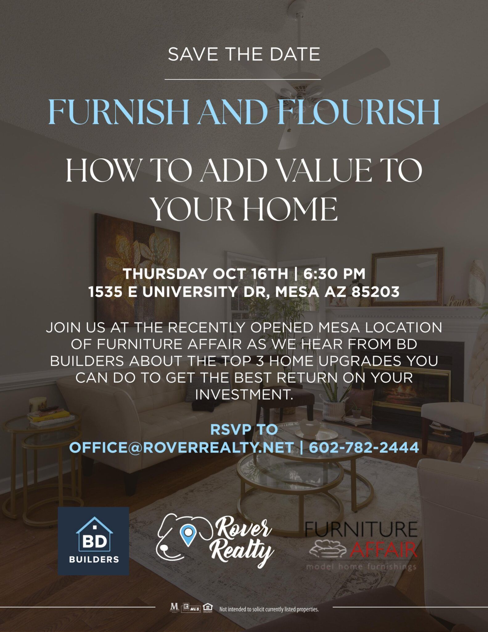 Flyer for “Furnish and Florish: How to Add Value to Your Home” in a modern living room setting.