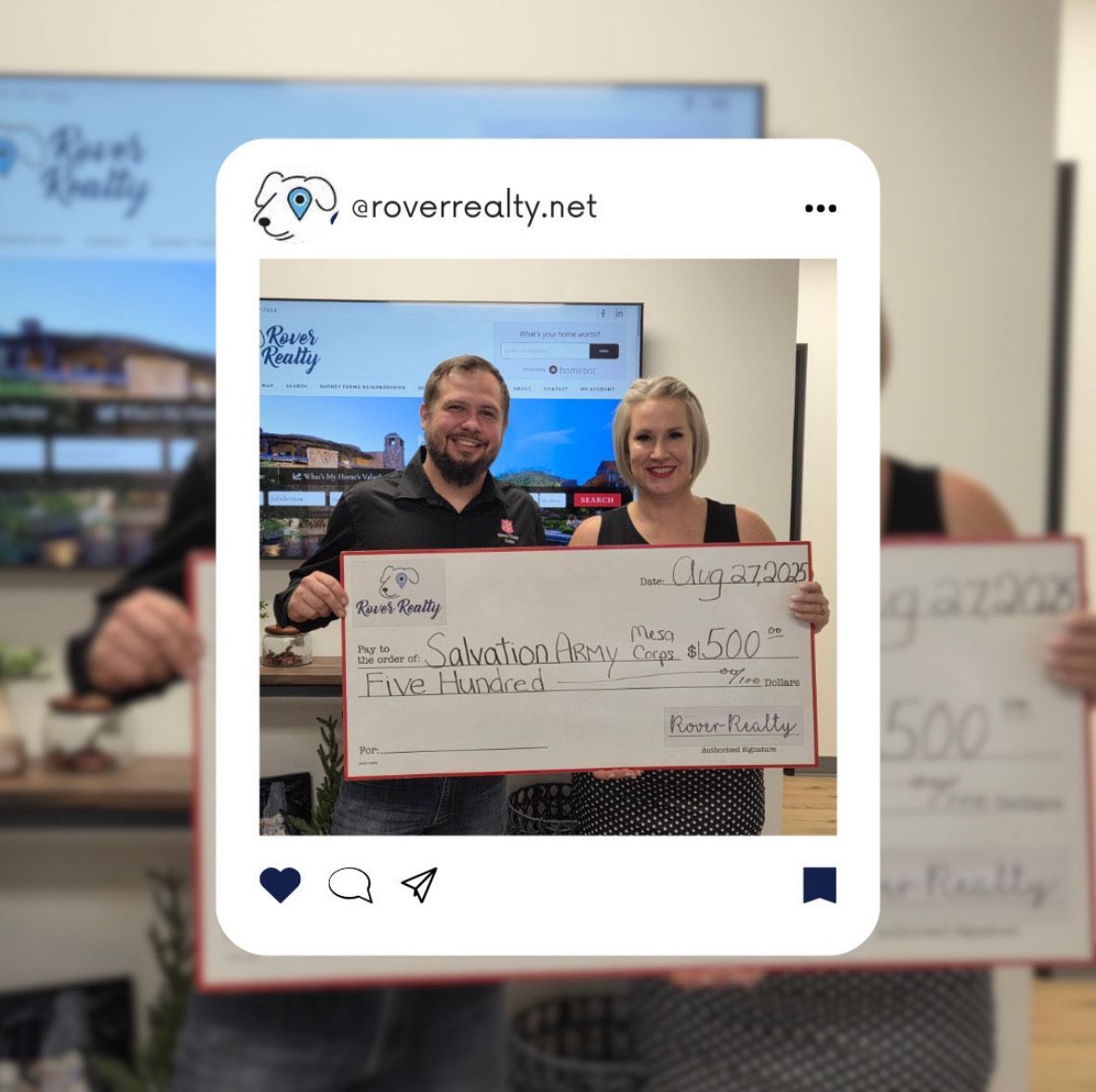 Two people holding a large check in front of a TV screen, framed as an Instagram-style post.