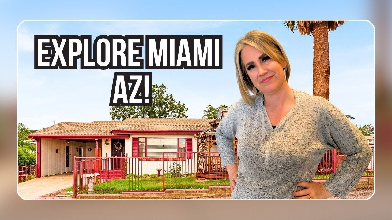A woman stands in front of a house in Miami, Arizona, with the words 