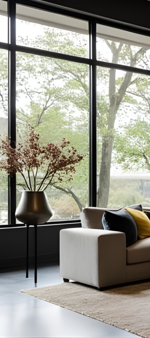 Modern living room with large windows, a beige sofa, black side table, and vase of dried flowers.