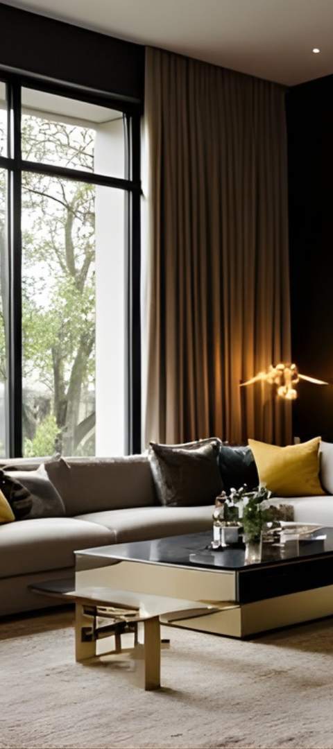 Modern living room with large windows, dark curtains, beige sofa, glass coffee table, and warm lamp lighting