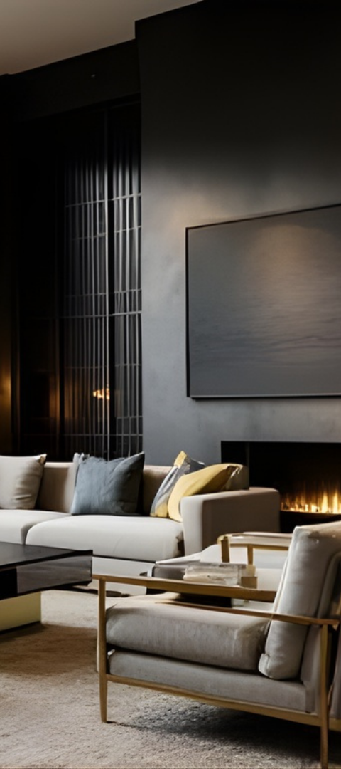 Modern living room with white sofa, beige armchairs, floor lamp, and dark accent wall with artwork.