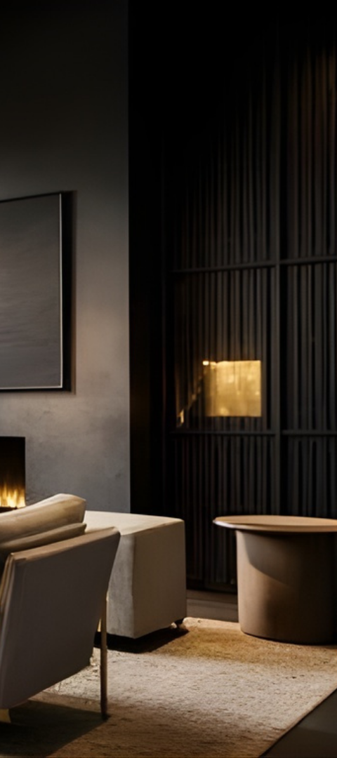 Modern living room with beige sofa, wall art, warm fireplace, and a glowing shelf niche against dark paneling