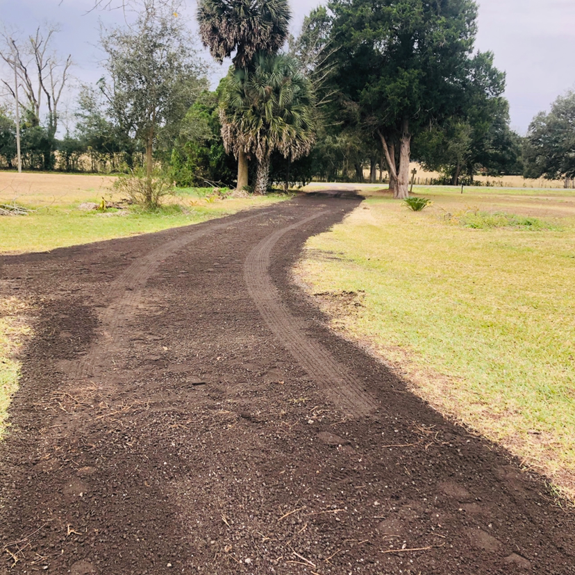 Gravel driveway curves through grassy yard toward trees. Dark soil is freshly laid with tire tracks.