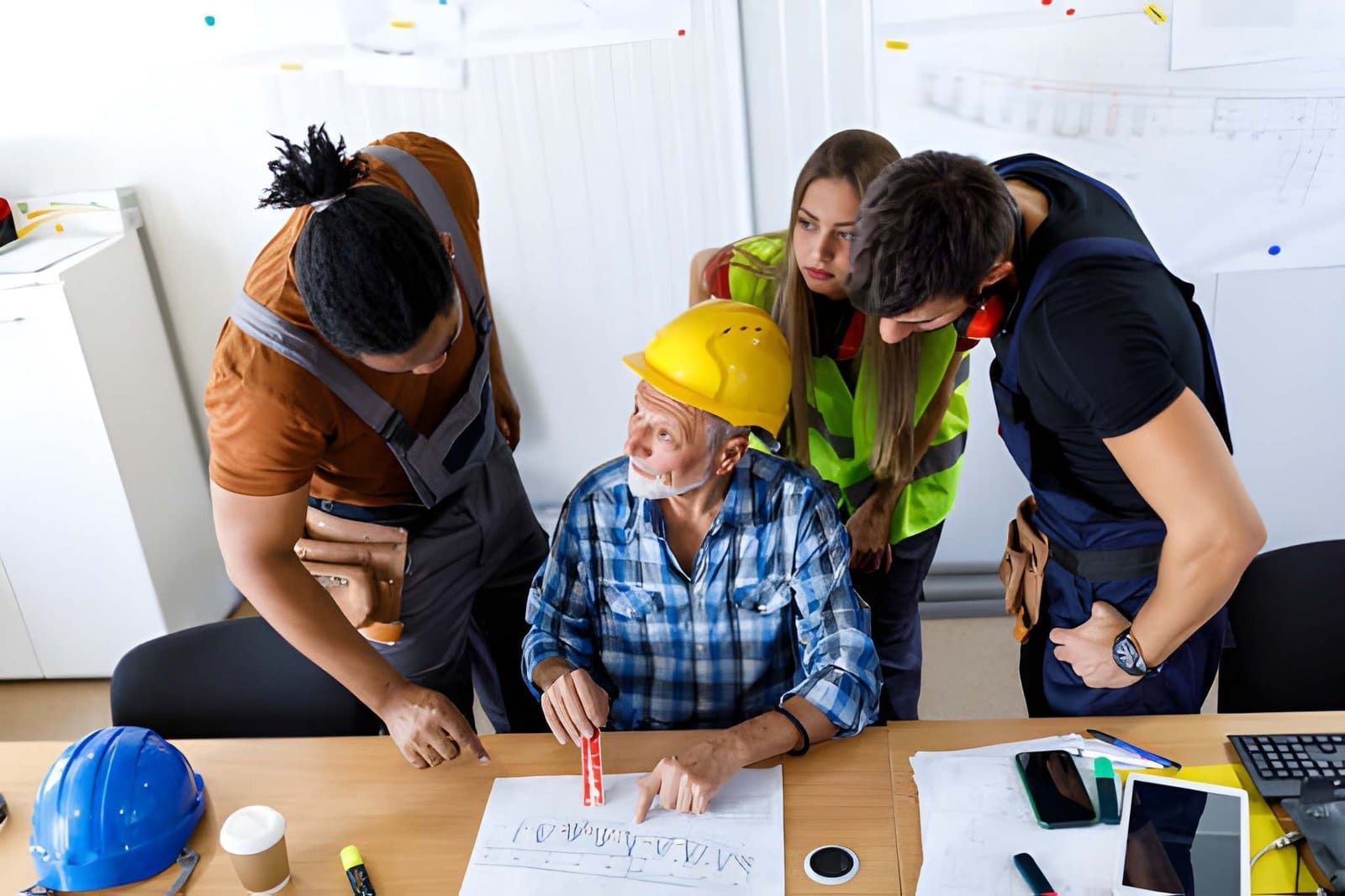 4 point inspection near me—team reviewing blueprints with hard hats and safety vests.