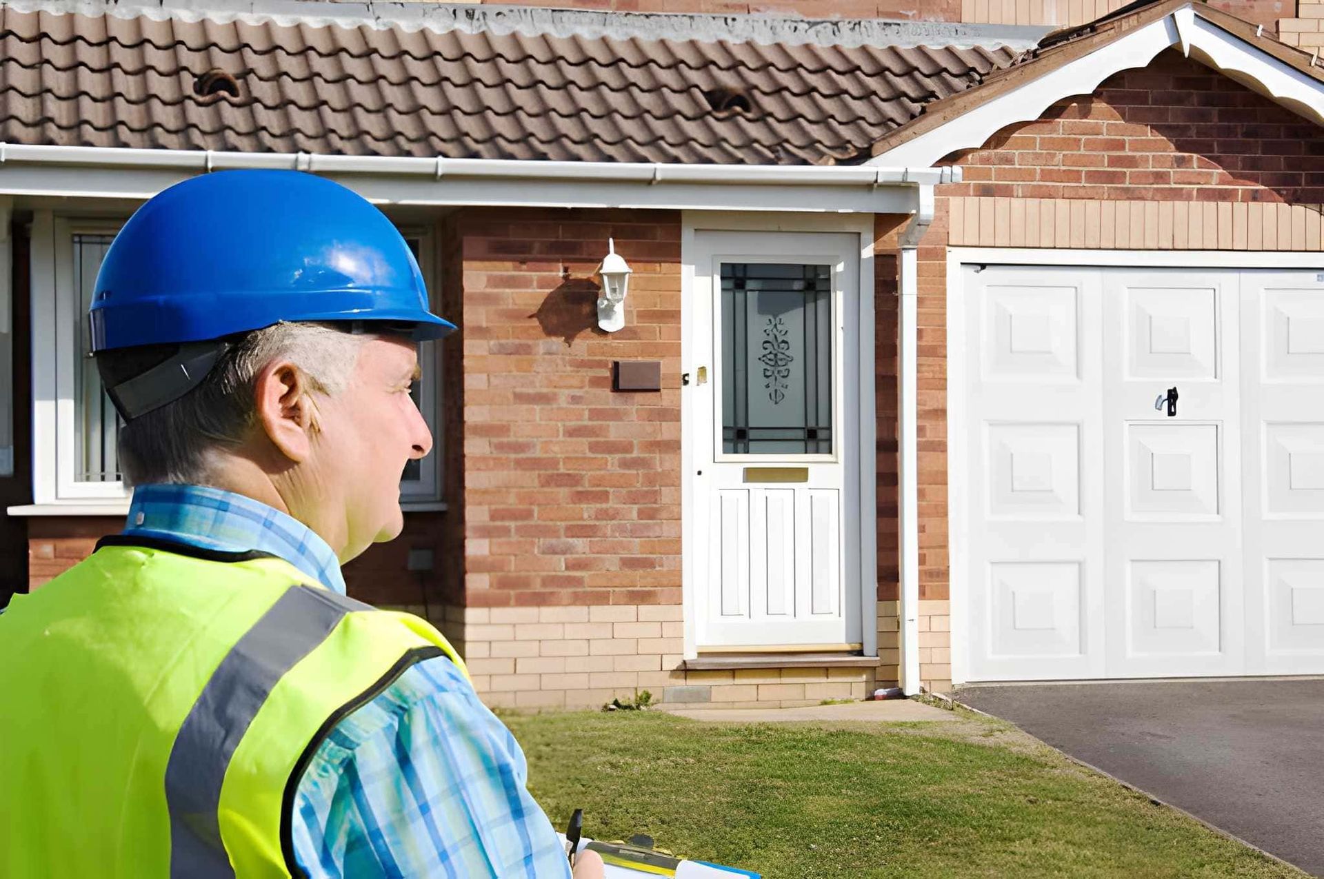 4 point inspections Port St. Lucie FL—contractor in hard hat assessing residential home exterior.