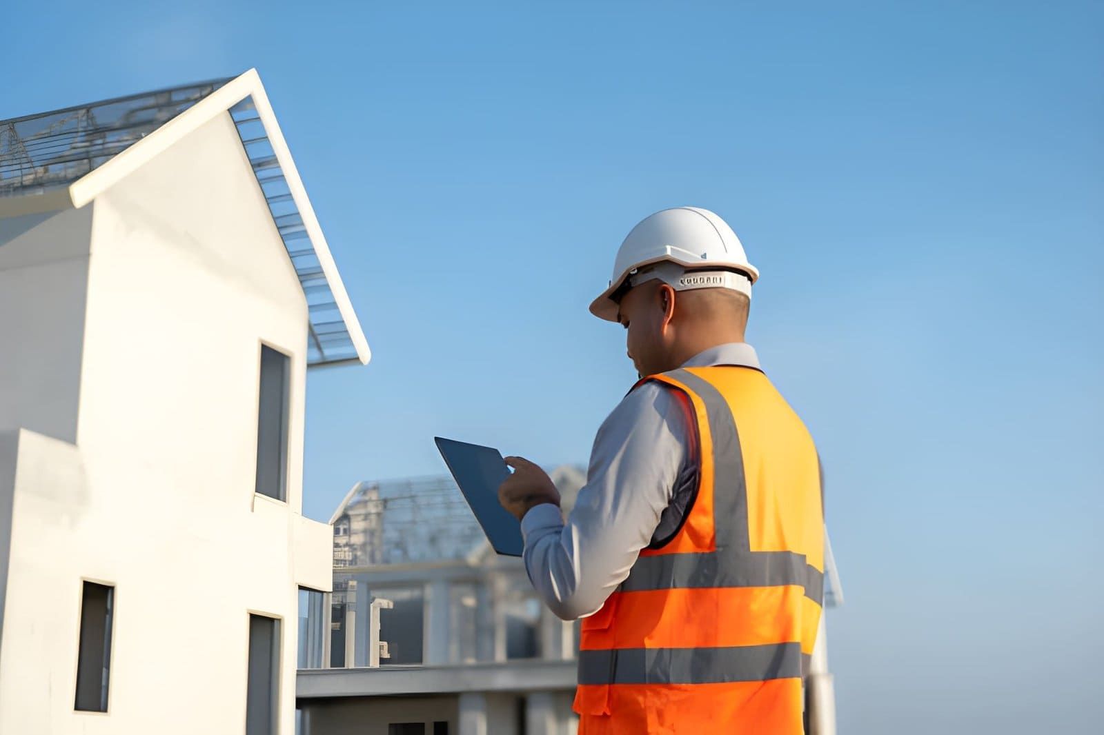 Certified home inspector Stuart FL—professional with tablet reviewing construction site progress.