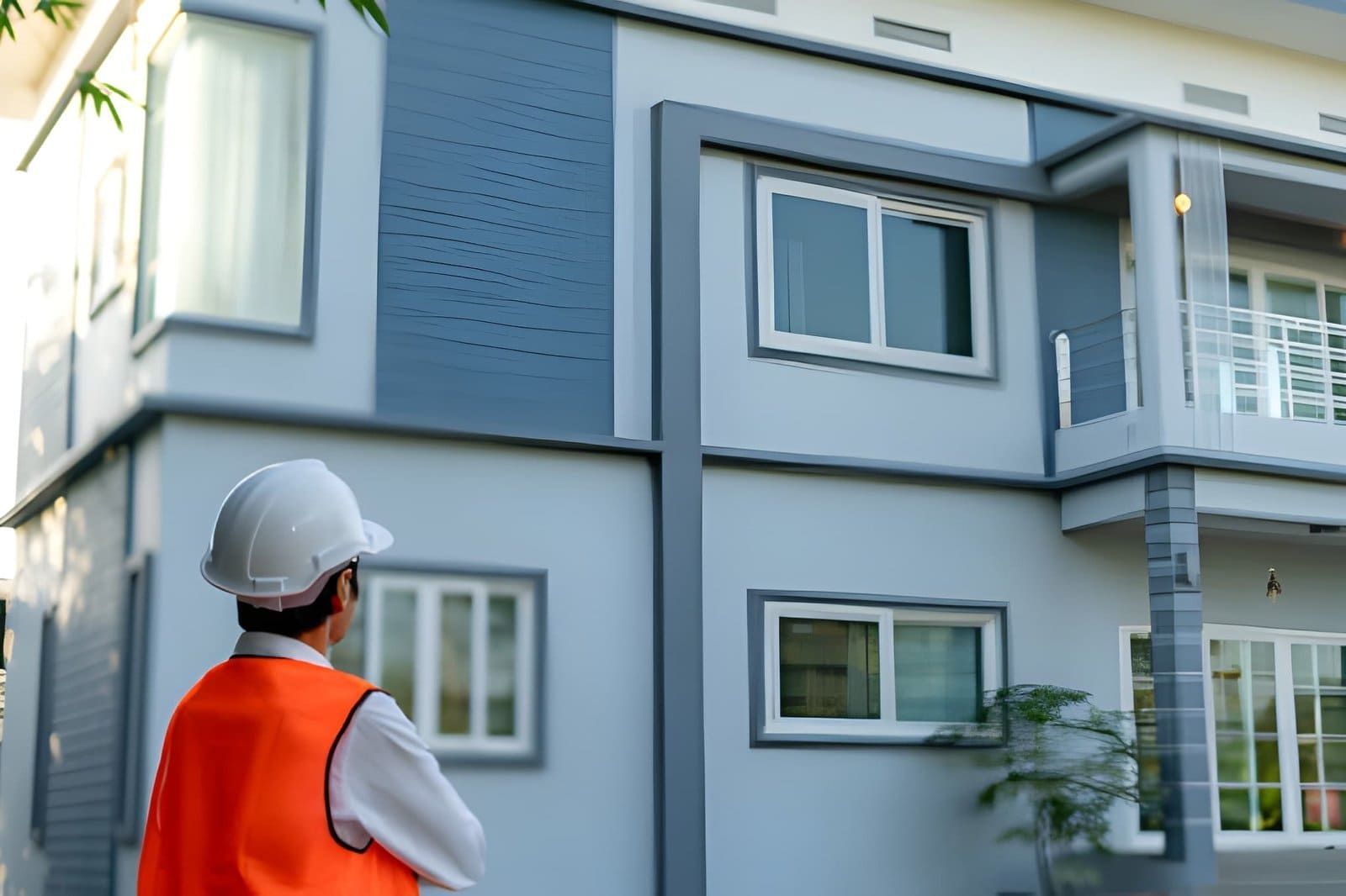 Certified home inspector Stuart FL—professional in safety gear inspecting modern two-story home.