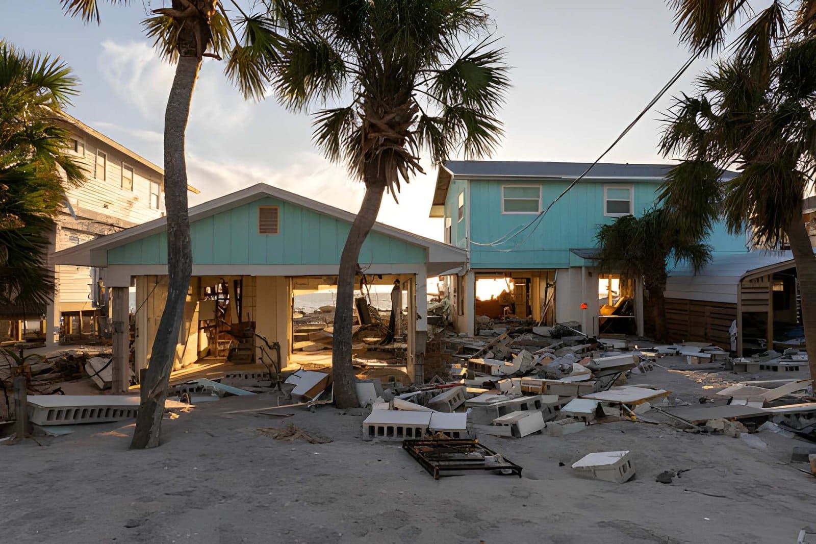 Home inspection Fort Pierce FL—damaged coastal houses with exposed interiors and scattered debris.