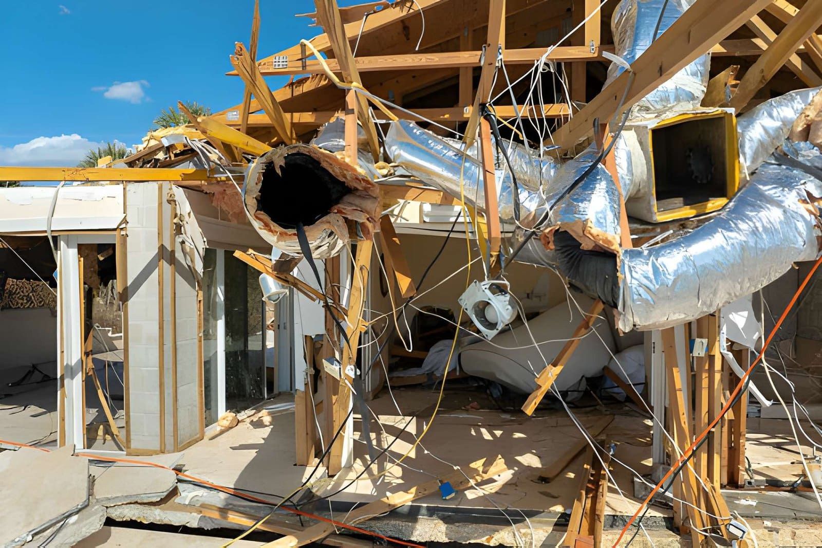 Home inspection Fort Pierce FL—collapsed roof and exposed wiring in disaster-damaged property.