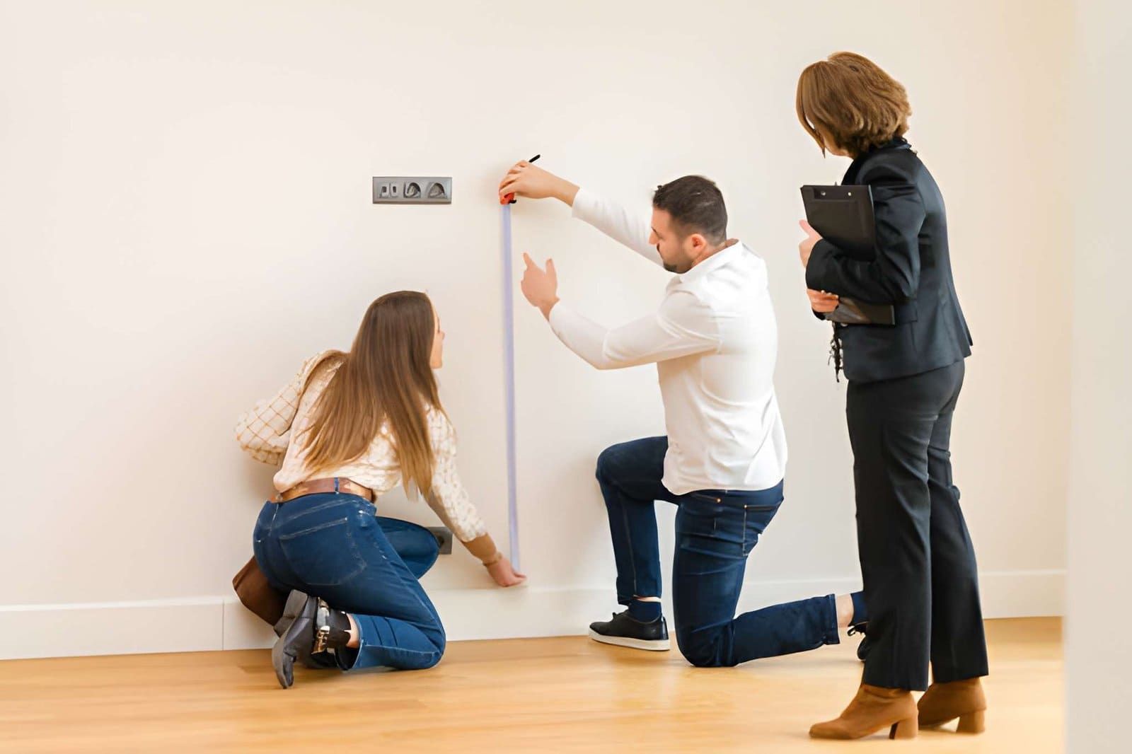 Home inspection Palm Beach Gardens FL professionals measuring wall height with tape and clipboard indoors