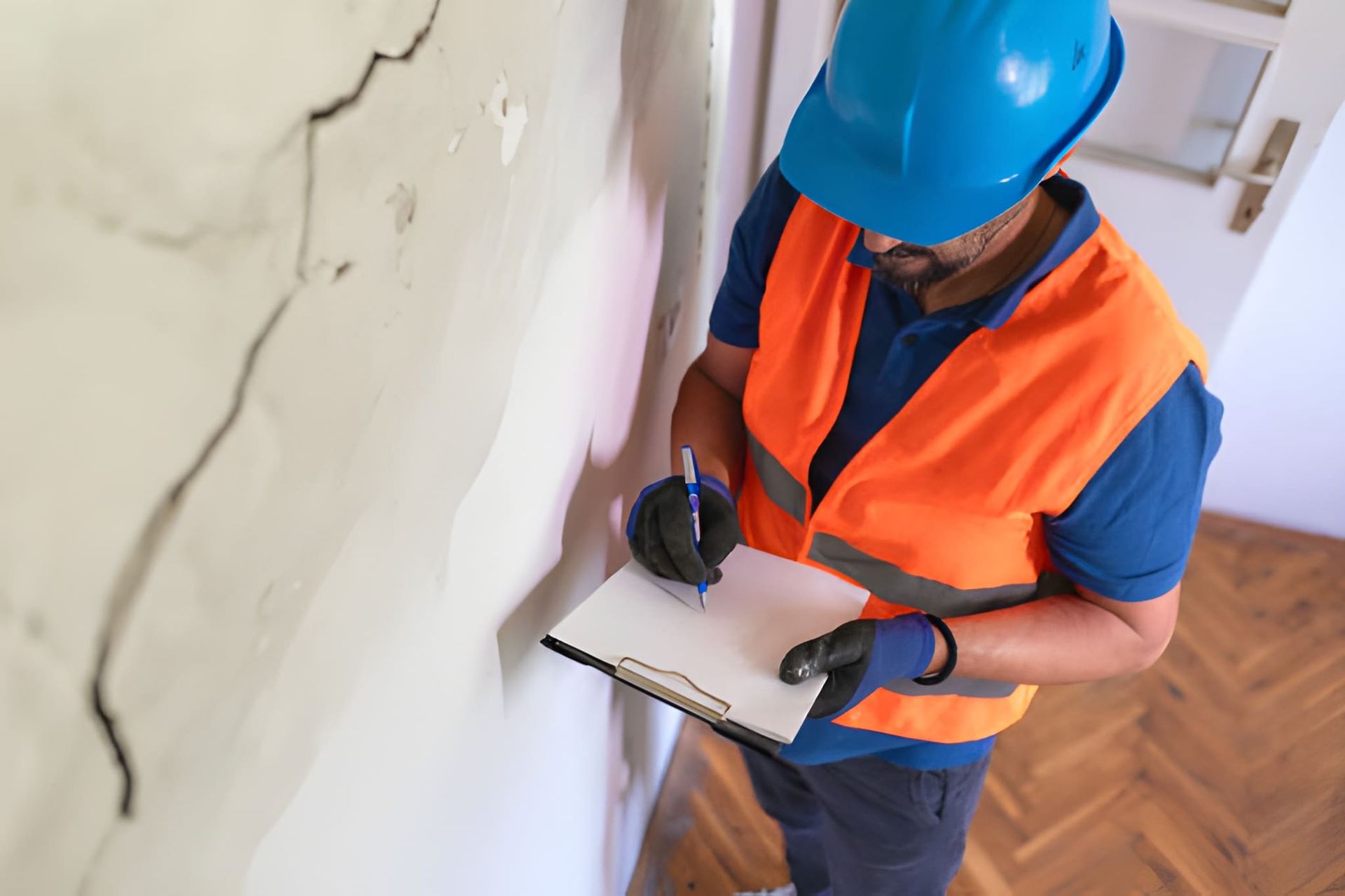 Home inspection West Palm Beach inspector documenting wall cracks with clipboard in safety vest and hard hat.