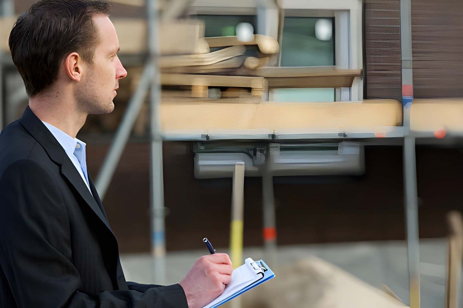Home inspector Jensen Beach FL in suit documenting construction site assessment with clipboard