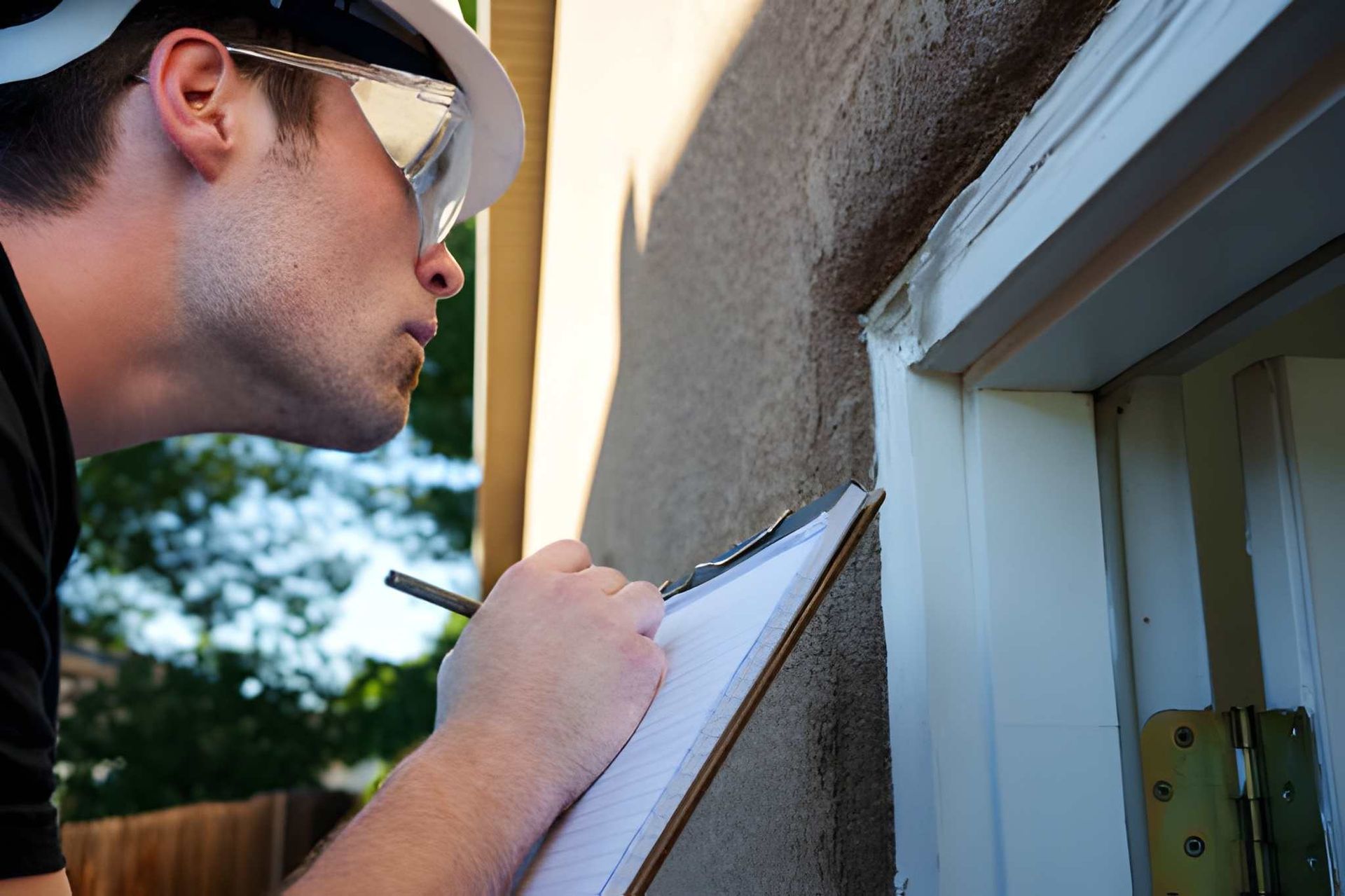Home inspector Jensen Beach FL—examining building exterior near door frame with clipboard and hard hat