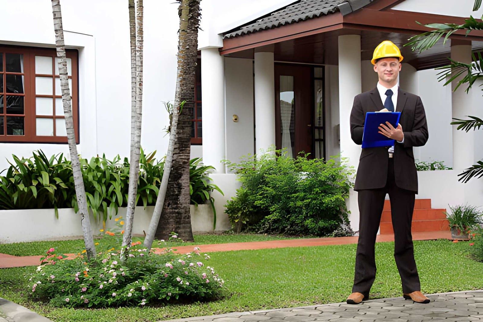 Home inspector Jensen Beach FL in suit and safety helmet inspecting modern house exterior