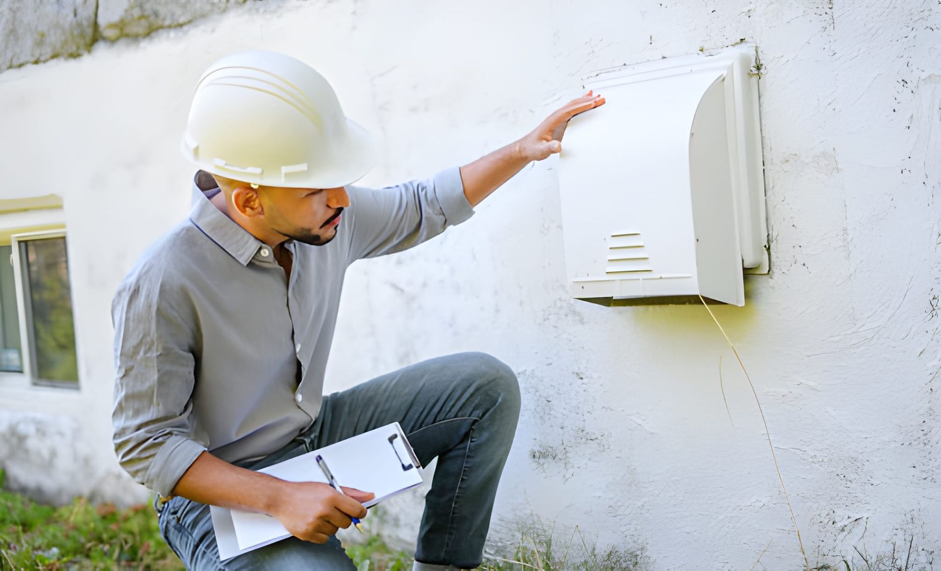 Home inspector Palm Beach Gardens examining exterior wall vent with clipboard and hard hat during building inspection.