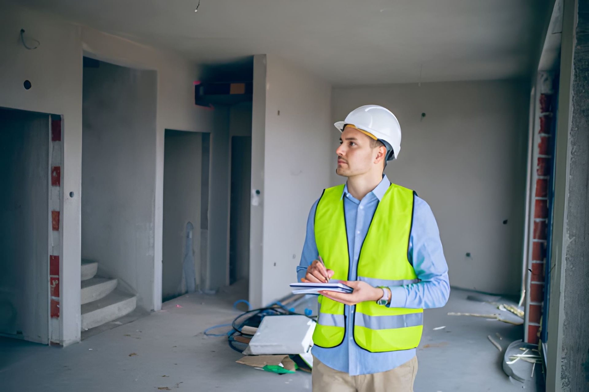 Home inspector in Palm City FL assessing construction site with clipboard, safety gear, and exposed structural elements.