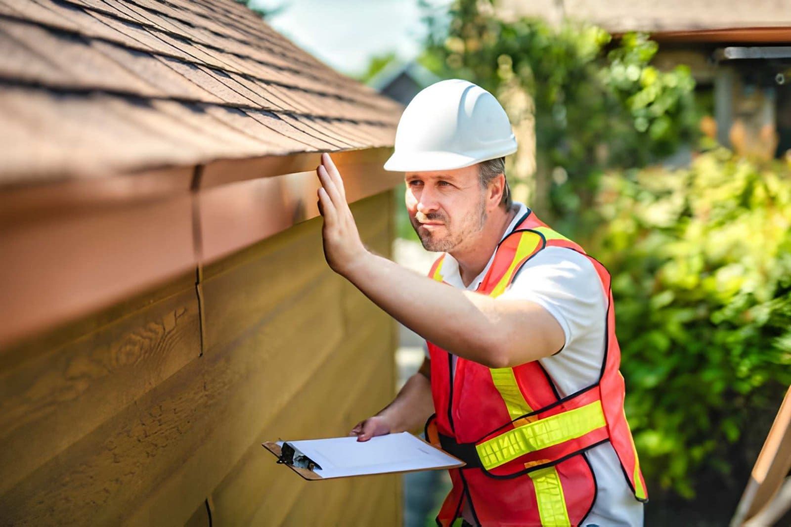 Home inspector Palm City FL—professional in safety vest examining roof edge of residential property.