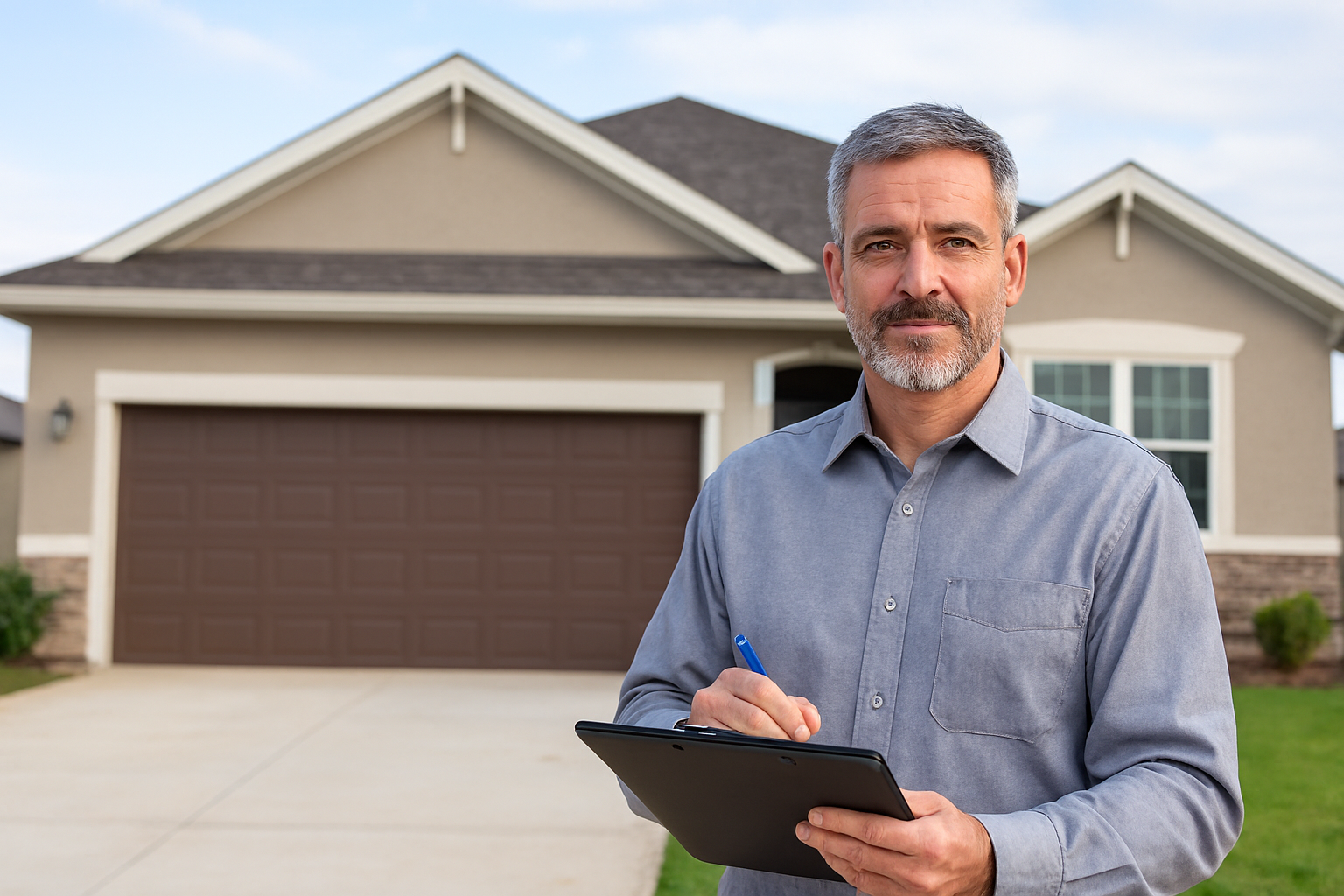 Man holding clipboard, standing in front of a house, taking notes.