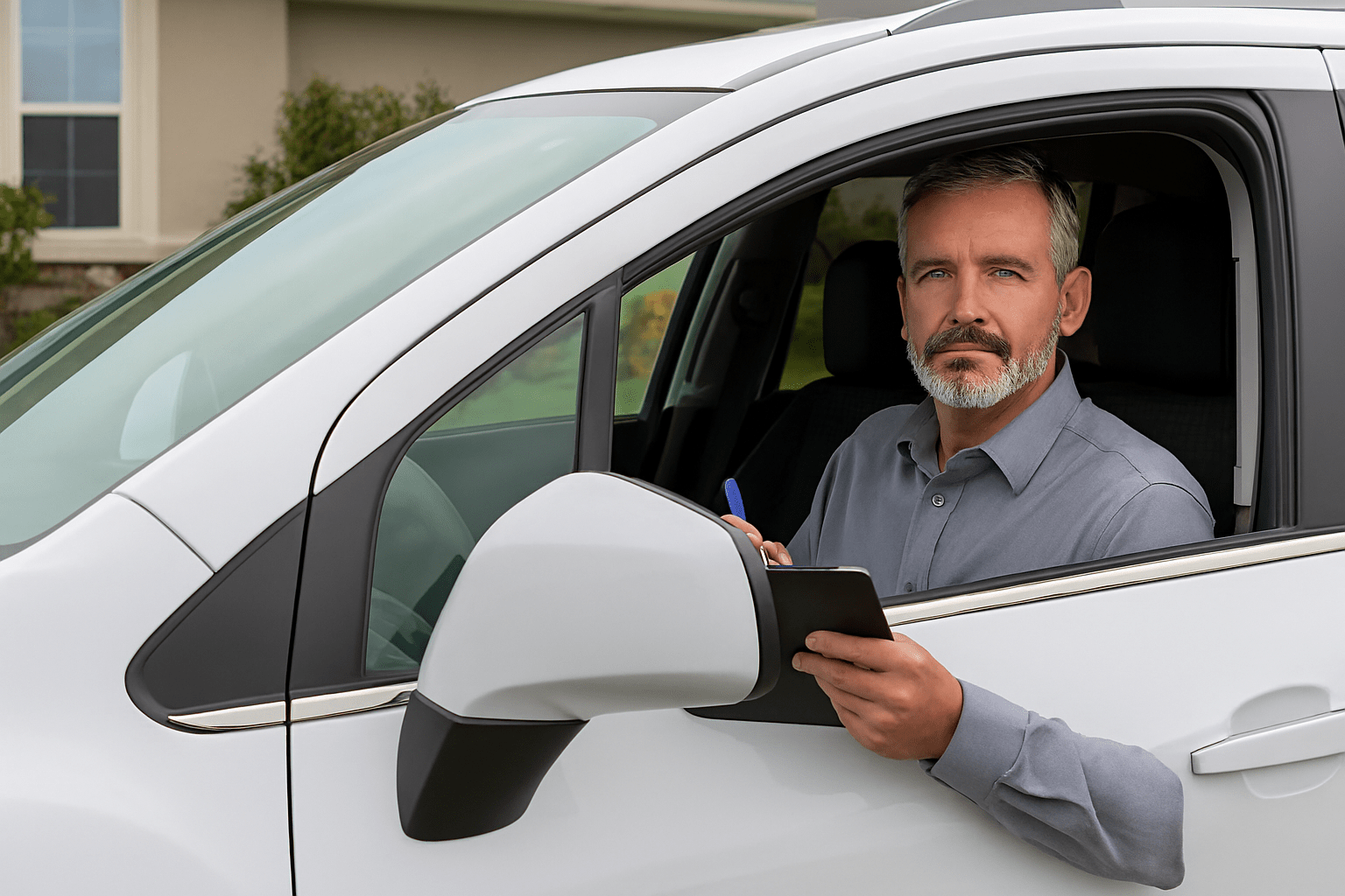 Man in a white car, looking at the camera and writing on a notepad.