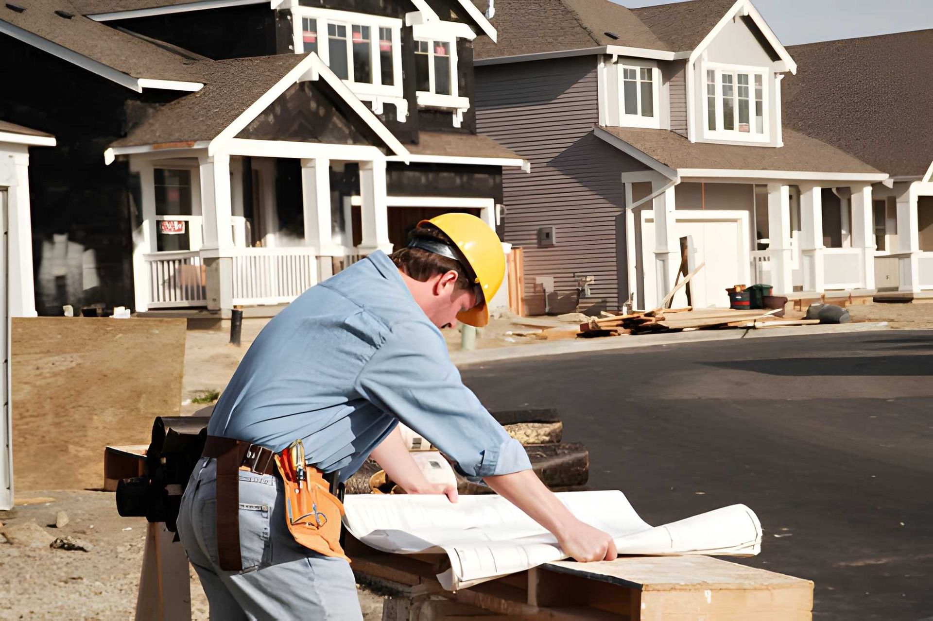 Construction worker reviewing blueprints at a residential site—ideal for home inspectors Palm Beach 