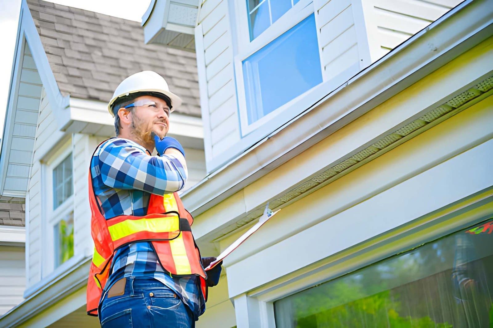 Home inspectors Stuart FL—professional in safety gear examining house siding and roofline.