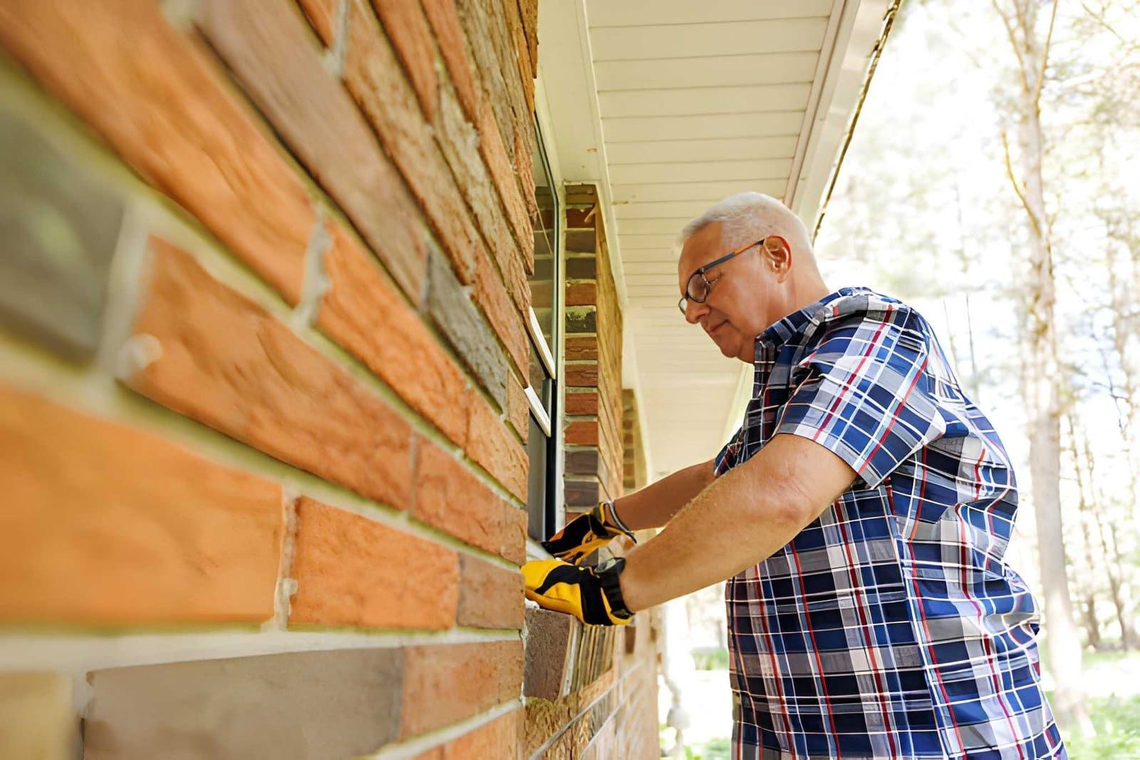 Manufactured home inspectors near Vero Beach inspecting brick exterior and window flashing