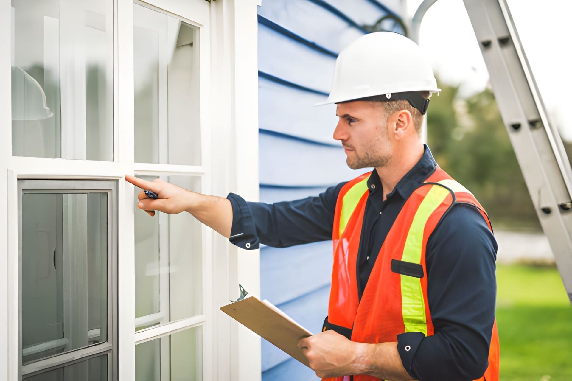 Vero Beach home inspections technician assessing window condition with clipboard and safety gear at 