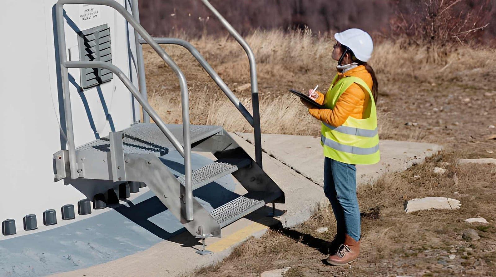 Wind mitigation inspection near me—inspector in safety gear with clipboard evaluating industrial structure outdoors.