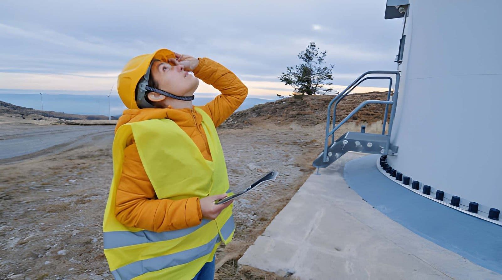 Wind mitigation inspection near me—technician in safety gear evaluating wind turbine base outdoors.