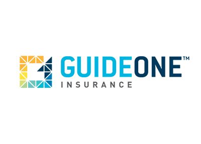 The logo for guideone insurance is blue and yellow.