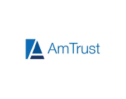 A blue and white logo for am trust on a white background.