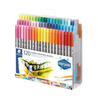 Caja de 120 marcadores artísticos de doble punta de colores con un degradado de colores arcoíris.