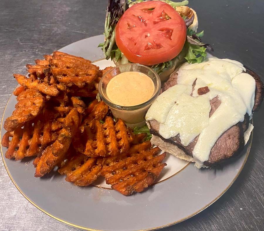 Short Rib Sandwich an Waffle fries.