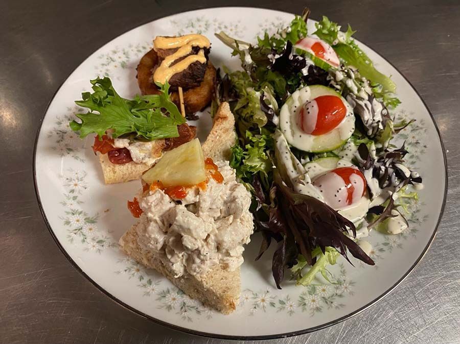 Three savories, garden salad, and a pot of tea.