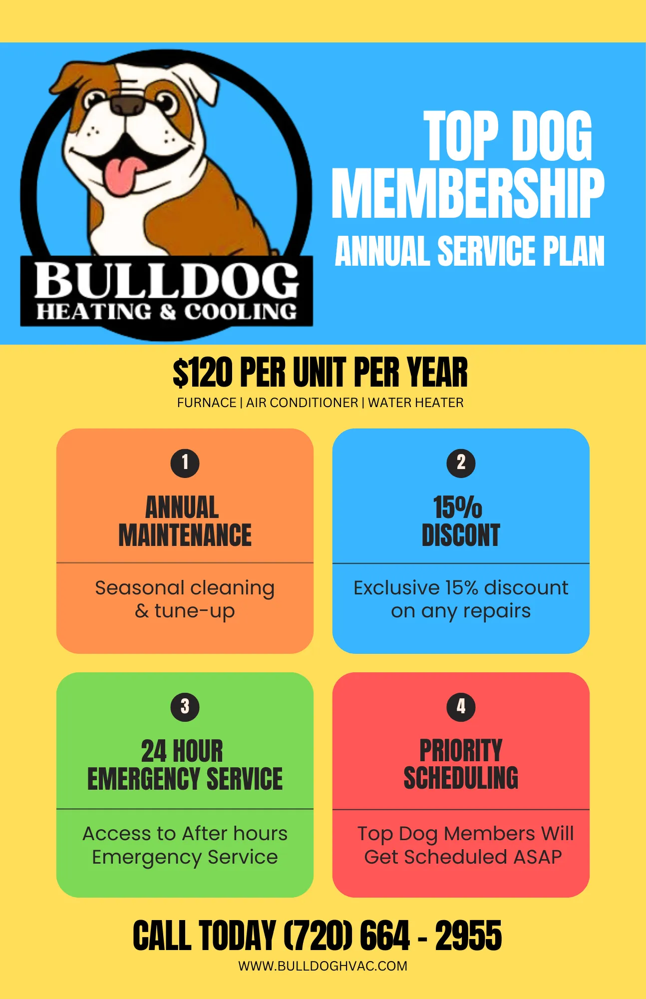Bulldog Heating & Cooling Top Dog Membership flyer detailing a $120/year plan with maintenance, discounts, and priority.
