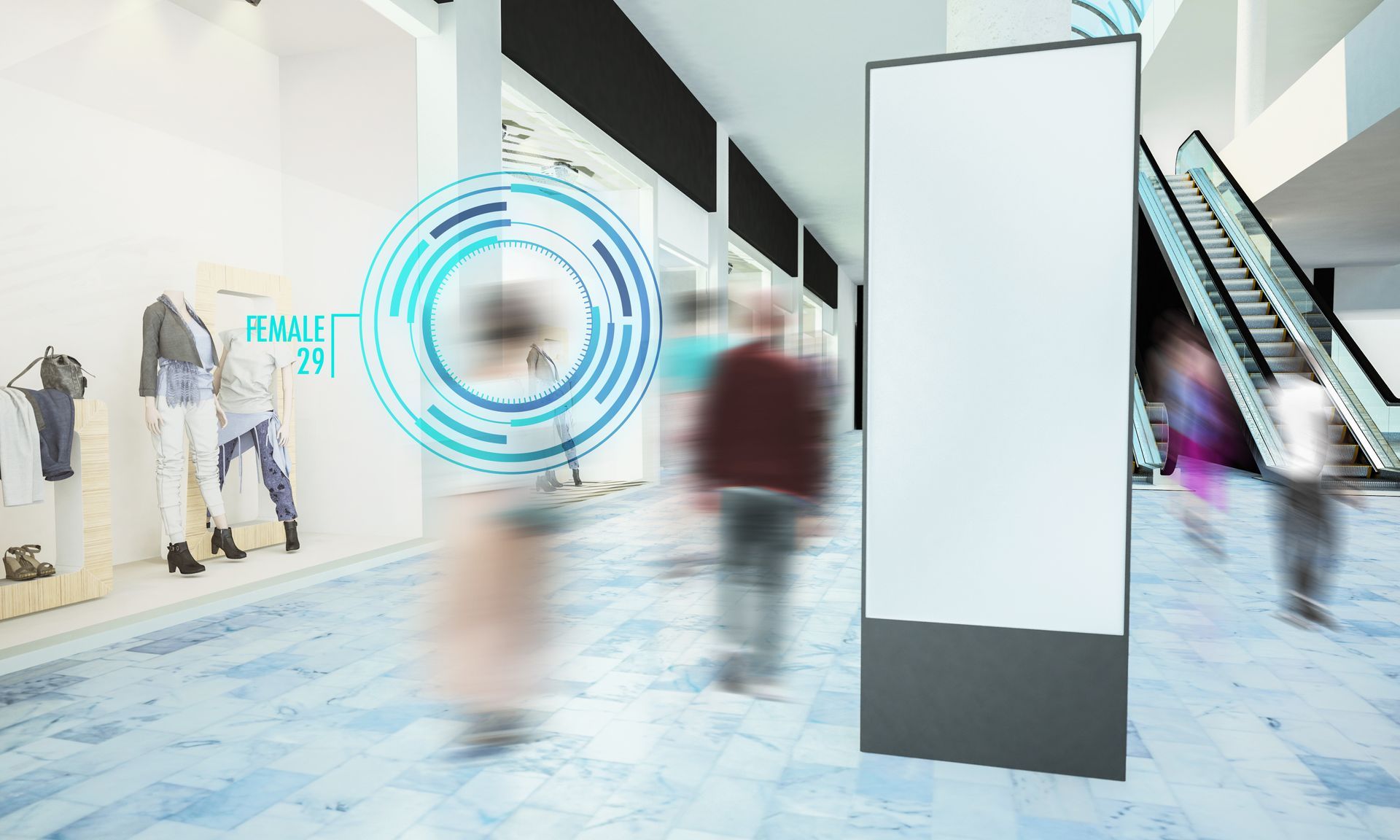 Custom signage display in modern retail mall.