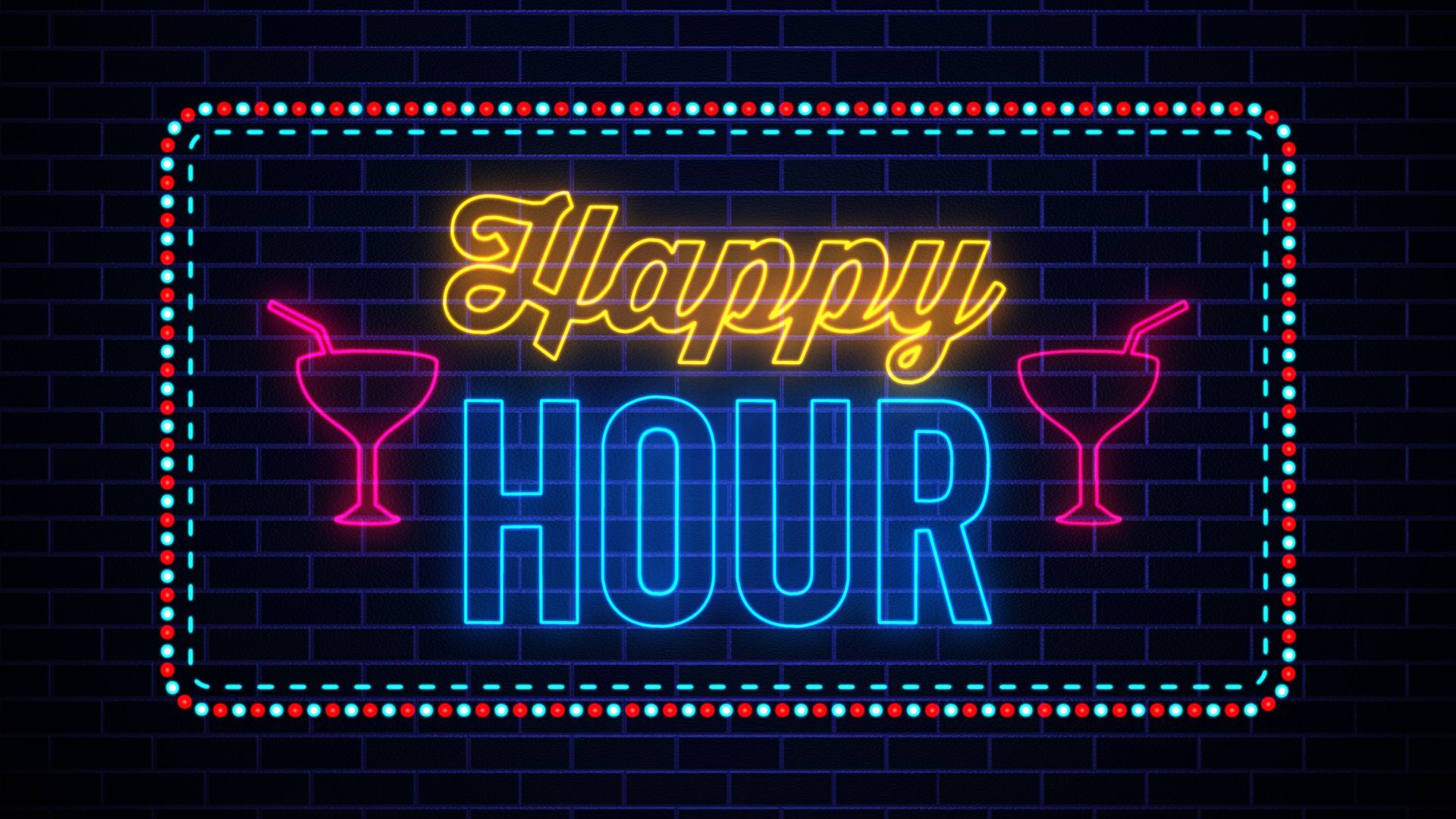 Neon “Happy Hour” sign with pink martini glasses on a dark brick wall background