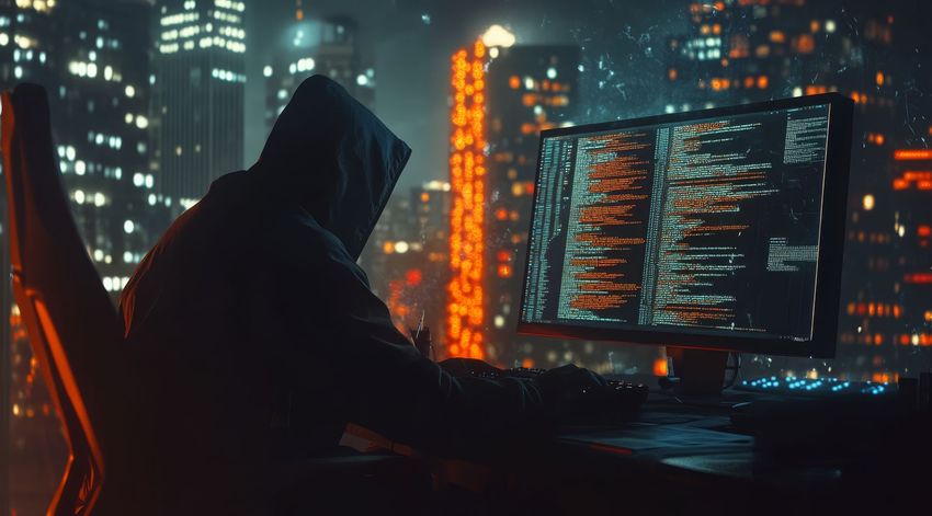 A man in a hood is sitting in front of a computer monitor.