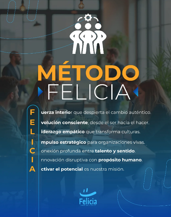 Póster del método FELICIA: figuras blancas sobre fondo azul, personas borrosas al fondo. El texto detalla los métodos.