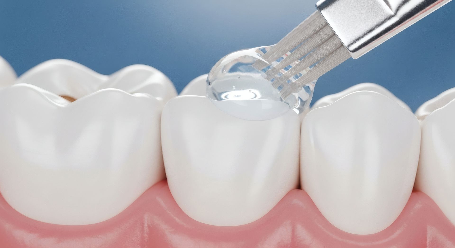 A dental tool applying a clear sealant to the chewing surface of a molar tooth.