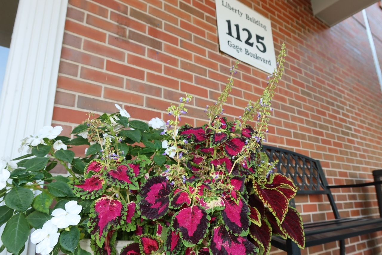 Planter with coleus and white flowers in front of brick building, Liberty Building 1125 Gage Boulevard.