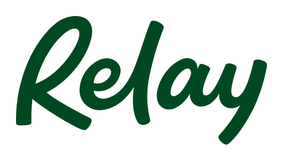 The word relay is written in green on a white background